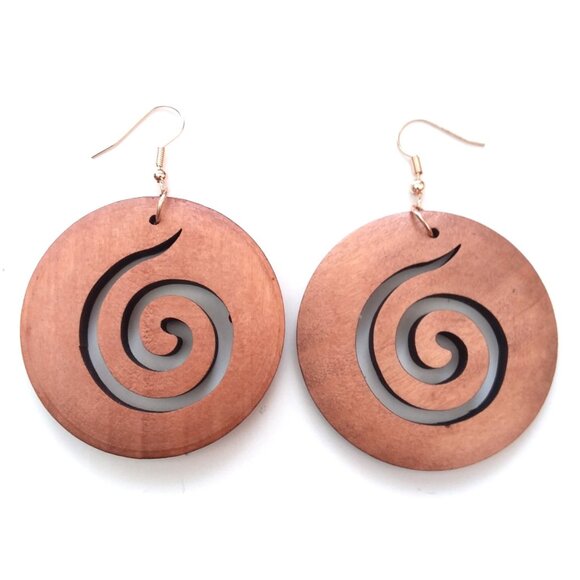 Earrings Wood Large Cut Swirl Bohemian Dangle Boho Carved Hippie Trendy - Picture 1 of 2